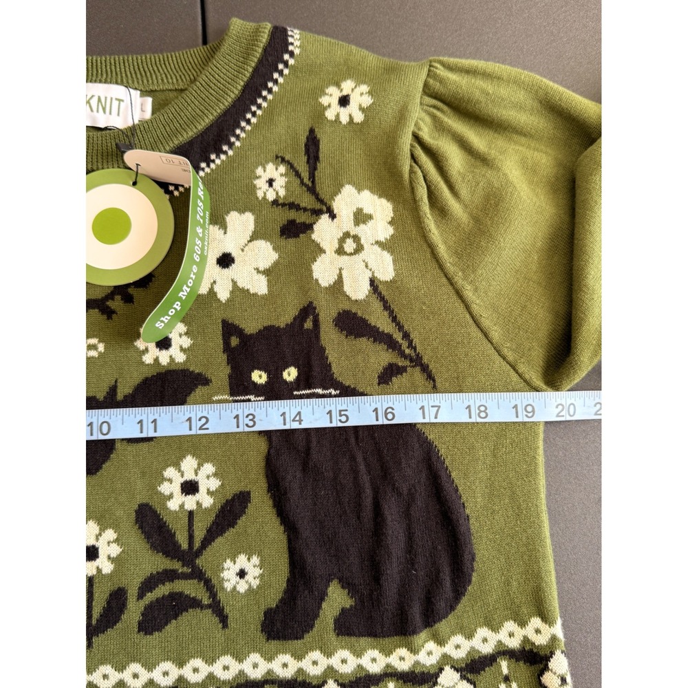 OXKNIT Halloween Sweater Women's Green Black Cat Floral Bat Knit Crewneck Large - Picture 10 of 12